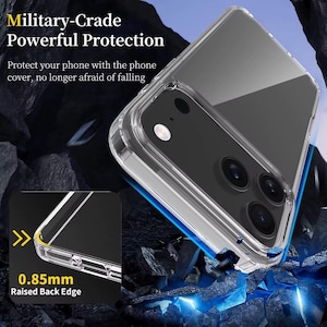 May include: Clear phone case with a raised back edge of 0.85mm. The case is designed for powerful protection. Text on the image reads "Military-Grade Powerful Protection" and "Protect your phone with the phone cover, no longer afraid of falling."