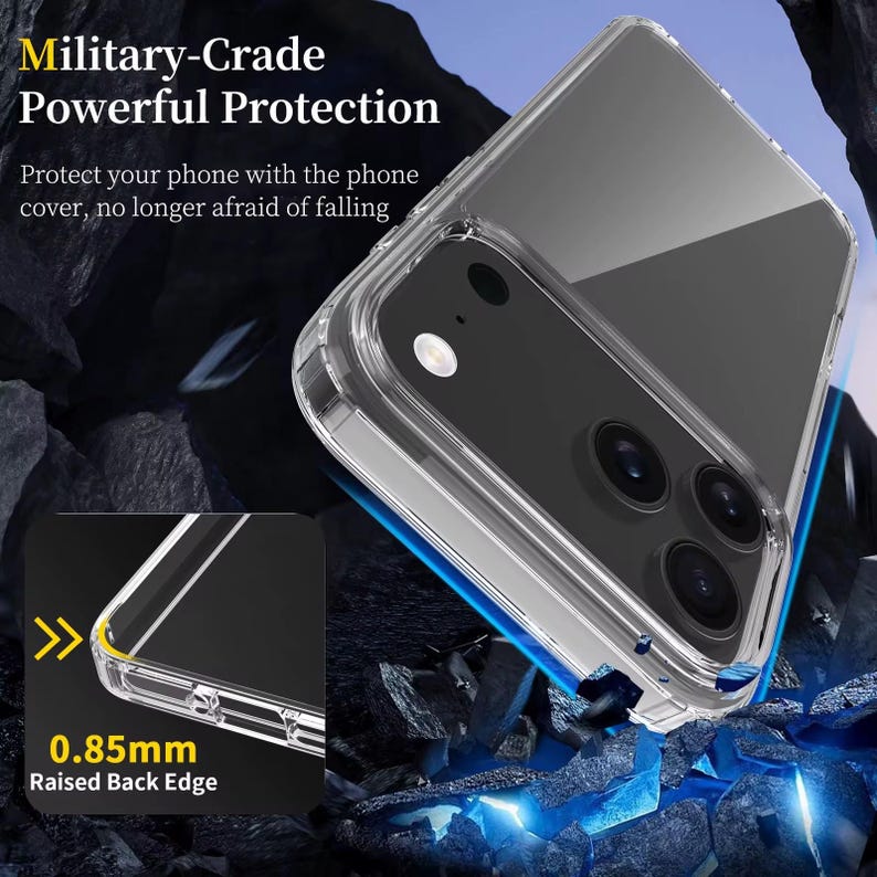 May include: Clear phone case with a raised back edge of 0.85mm. The case is designed for powerful protection. Text on the image reads "Military-Grade Powerful Protection" and "Protect your phone with the phone cover, no longer afraid of falling."