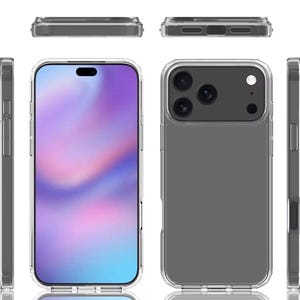 May include: Clear protective phone case. The case is transparent with a gray camera area and a clear border. The phone case is shown from multiple angles, including the front, back, and sides. The phone case is designed to fit a smartphone.