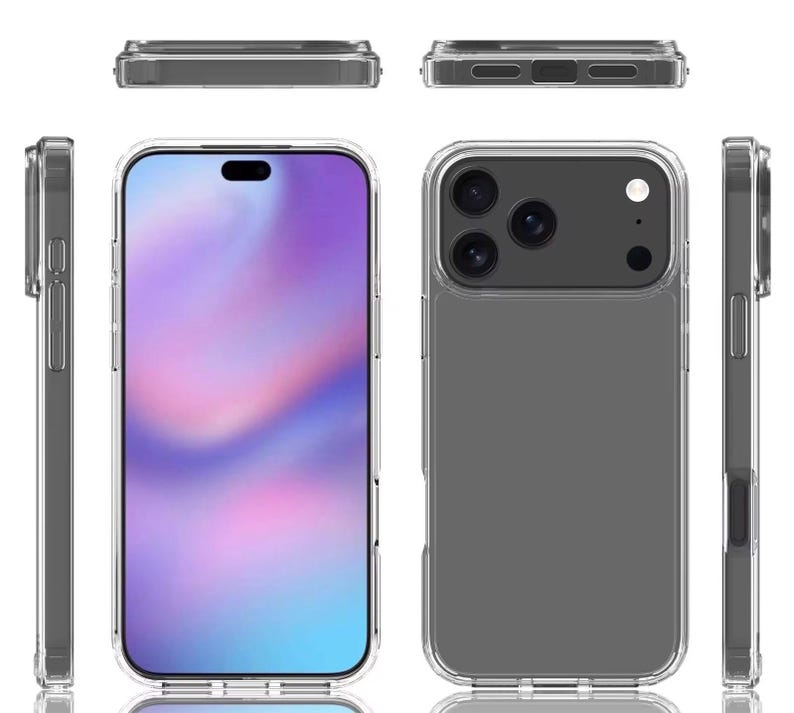 May include: Clear protective phone case. The case is transparent with a gray camera area and a clear border. The phone case is shown from multiple angles, including the front, back, and sides. The phone case is designed to fit a smartphone.