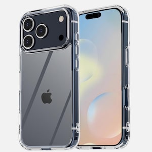 May include: Clear phone case with a transparent back and a dark blue border. The case is designed to fit a smartphone, with cutouts for the camera and buttons. The Apple logo is visible on the back of the phone.