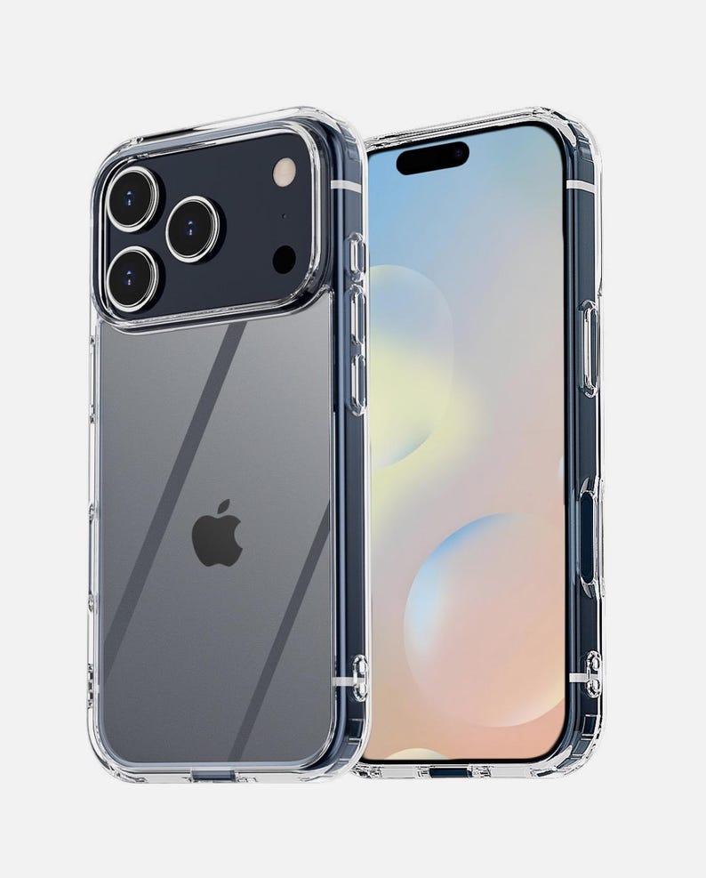 May include: Clear phone case with a transparent back and a dark blue border. The case is designed to fit a smartphone, with cutouts for the camera and buttons. The Apple logo is visible on the back of the phone.