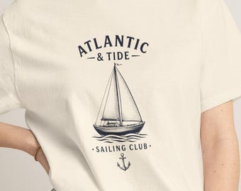 Atlantic & Tide Sailing Club T-Shirt | Vintage Sailboat Coastal Nautical Tee | Cape Cod Style | Beach Vacation Shirt | Yacht Club Gift