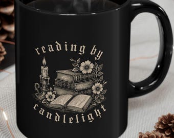 Reading by Candlelight Mug | Book Stack, Open Book & Candle Illustration