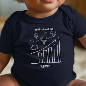 May include: A navy blue baby onesie with a white graphic of a line graph with hot air balloons and the text "small sample size, big impact".