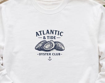 Atlantic & Tide Oyster Club Premium Sweatshirt | Vintage Oyster Coastal Style | Nautical Beach Crewneck | Seafood Lover Gift