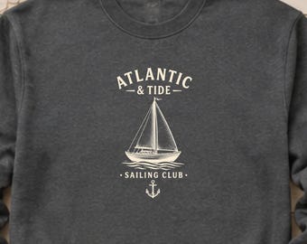 Atlantic & Tide Sailing Club Premium Sweatshirt | Vintage Sailboat Coastal Nautical Crewneck | Cape Cod Beach Style | Yacht Club Gift
