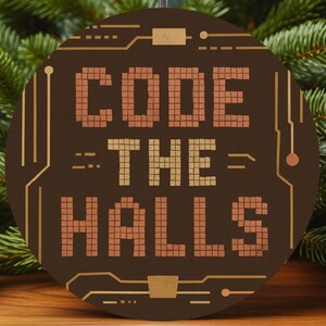Puede incluir: Un adorno navideño redondo de color marrón oscuro con el texto "CODE THE HALLS" en una fuente pixelada de color marrón claro. El diseño incluye finas líneas de circuito impreso en marrón claro que bordean el texto y cuelga de un hilo rojo.