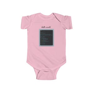 a pink baby bodysuit with the words hello world on it