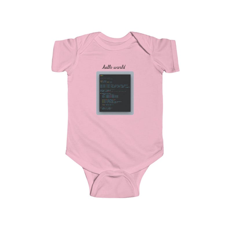 a pink baby bodysuit with the words hello world on it