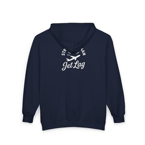 A navy blue hoodie with white text and graphics on the back.
