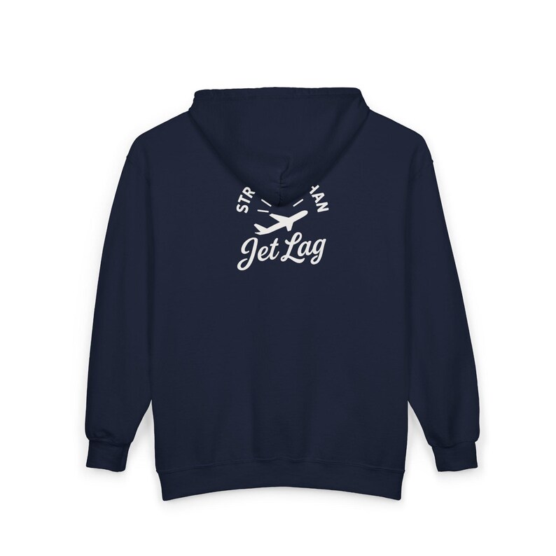 A navy blue hoodie with white text and graphics on the back.