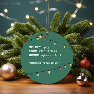 a Christmas ornament with a green background and a string of colorful lights, surrounded by pine branches and ornaments.