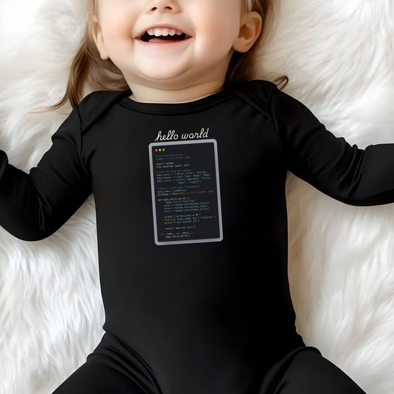 A smiling baby wearing a black onesie with a programming code printed on it.
