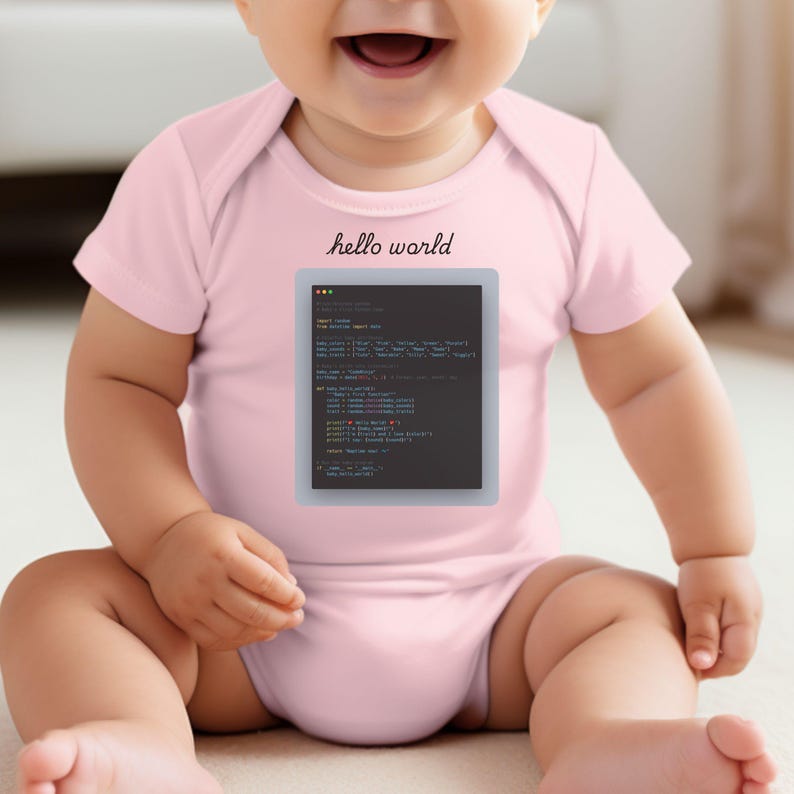a baby sitting on the floor with a computer screen on it's chest