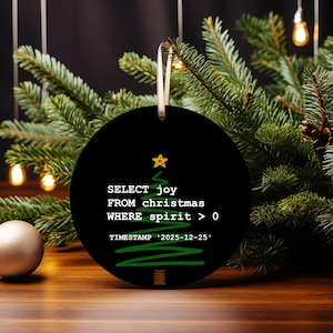 A black circular ornament with a Christmas tree design and text, placed on a wooden surface with Christmas lights in the background.