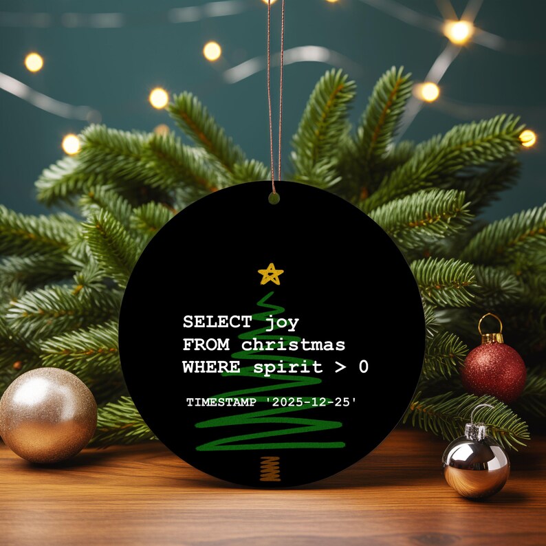 a Christmas ornament with a black background and white text, surrounded by Christmas decorations such as ornaments and a pine tree.