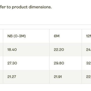 a table with various product dimensions, such as width, length, sleeve length, and waist length, listed in centimeters. All measurements in the table refer to product dimensions, and there is a heading that reads "All measurements in the table refer to product dimensions."