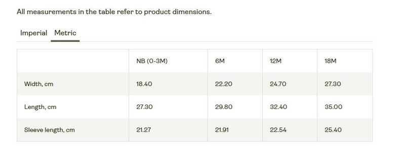 a table with various product dimensions, such as width, length, sleeve length, and waist length, listed in centimeters. All measurements in the table refer to product dimensions, and there is a heading that reads "All measurements in the table refer to product dimensions."