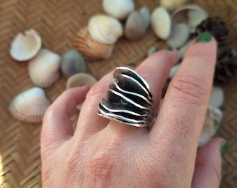 Anillo modernista ondulado de 2 capas, diseño abstracto, anillo brutalista, unisex