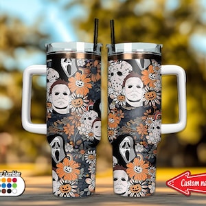 Personalized Halloween Movies Tumbler , Spooky Horror Icons 40oz Tumbler – Halloween Movie Fan Gift with Handle