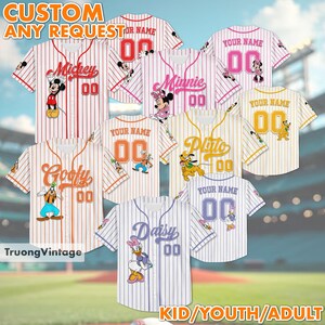 Personalize Disney Mickey & Friends White Baseball Jersey, Custom Disneyland Jersey, Baseball Team, Mickey Mouse Birthday Jersey