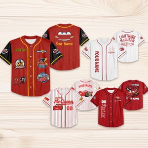 Camiseta de béisbol personalizada de Disney Cars Lightning. Colección de camisetas de béisbol personalizadas para adultos, niños y jóvenes. Elige tu estilo. Camiseta de béisbol de Disney Cars.