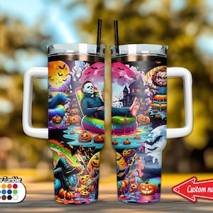 Personalized Halloween Movies 40oz Tumbler , Spooky Horror Icons 40oz Tumbler – Halloween Movie Fan Gift with Handle