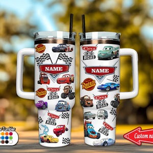 Custom Name Disney Cars Lightning McQueen 40oz Tumbler, Disney Tumbler, McQueen Tumbler With Handle, Cars Movie Tumbler