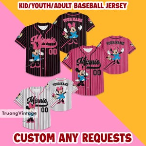 Personalized Minnie Mouse Baseball Jersey, Personalized Minnie Kids and Adult Disney Gift, Minnie Baseball Jersey (Custom Name & Number)