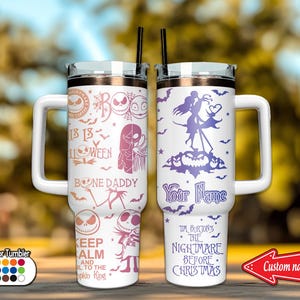 Personalisierter Jack und Sally-Albtraum-Weihnachtsbecher 40 Unzen, Jack Skellington Becher, benutzerdefinierter Paarbecher, Weihnachten Edelstahlbecher