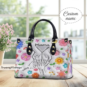 Custom Floral Mama Leather Handbag , Mom And Kids Hands Leather Handbag With Handle, Mother&#39;s Day Gift, Custom Handbag Gift For Mom, Mum Bag