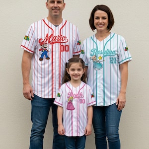 Personalisiertes Super Mario Baseball Jersey - Benutzerdefinierte Mario, Luigi, Pfirsich Shirts für Kinder & Erwachsene, Mario Family Matching