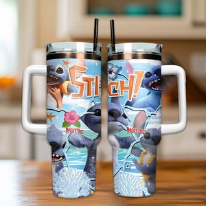 Gepersonaliseerde beker van 40 oz met steken, beker met steken, beker met lilo en stitch van 40 oz, beker van 40 oz met steken, beker Disneyland Trip