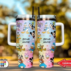Gobelet coloré personnalisé amis Disney, cadeau personnalisé gobelet Disney 40 oz avec anse paille personnages Disney