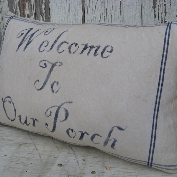 Handmade Porch Swing Pillow....Welcome to Our Porch...Treasury Item...in BLUE