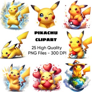 Conjunto de ClipArt Pokémon Pikachu - Download digital perfeito para presentes e artesanato DIY, 300 DPI, alta resolução, 25 ClipArts de alta qualidade