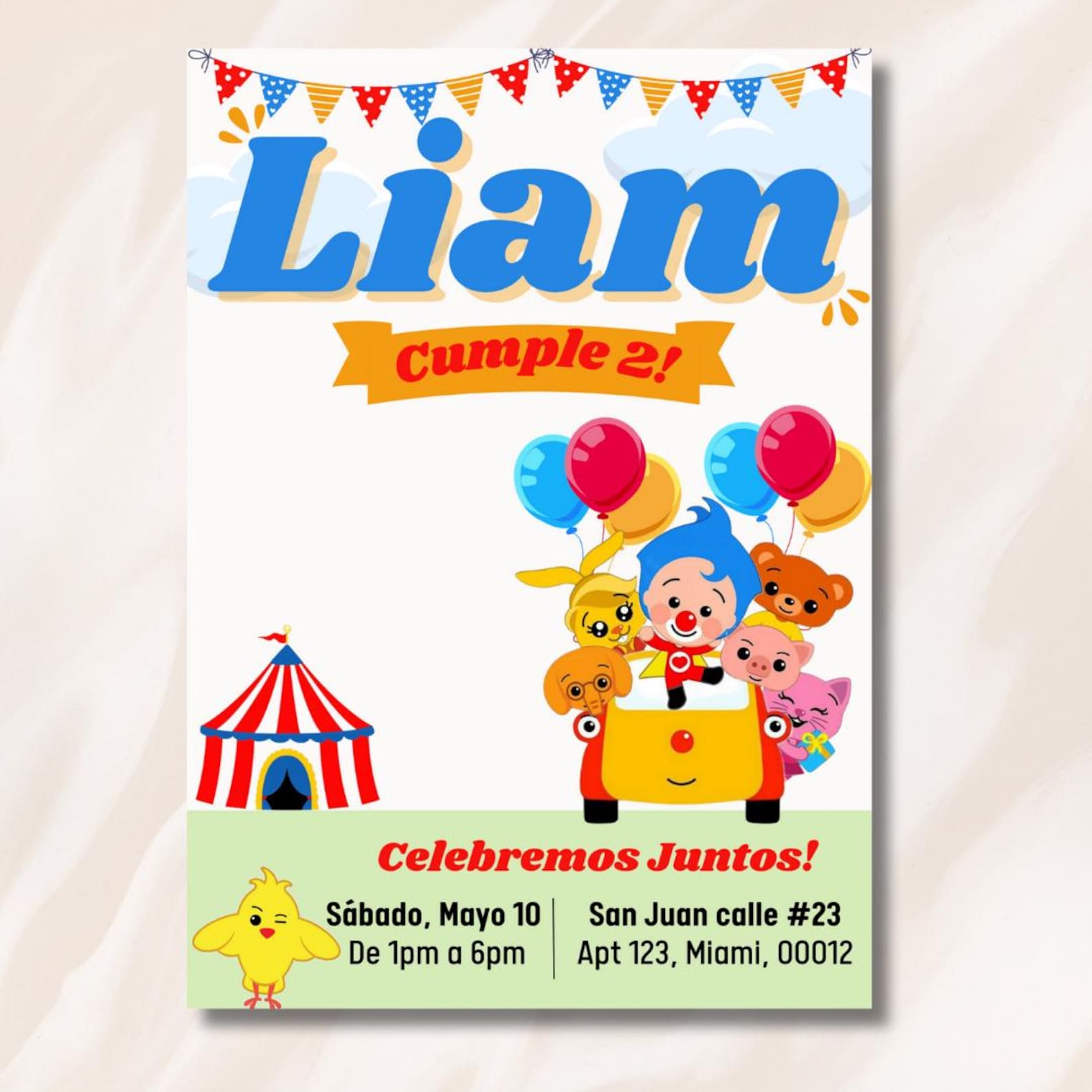 Plim Plim Birthday Invitation, EDITABLE Circus Birthday Card, Digital