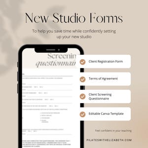 Pilates Studio Registration Form & Screening Questionnaire Template, Editable in Canva, PDF, Downloadable