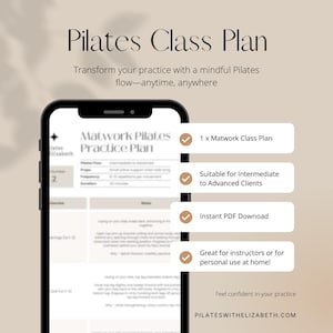 Puede incluir: Un teléfono inteligente que muestra una descarga digital para un plan de clase de Pilates Matwork. El plan es adecuado para clientes de nivel intermedio a avanzado e incluye una descarga instantánea en PDF. El texto en la pantalla dice "Matwork Pilates Practice Plan".