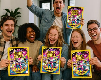 May include: A group of people are laughing and holding up colorful posters. Each poster has the words "SILENT TRIPLE THREAT" and a cartoon illustration of superhero characters. The posters are yellow with pink and blue accents.