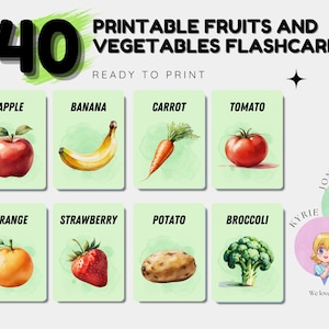 Cartes-éclair sur les fruits et légumes pour enfants PDF imprimable JPEG | 40 cartes d'apprentissage préscolaire pour les tout-petits et l'école à la maison