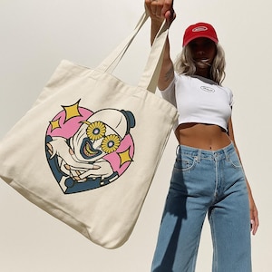 Spooky Clown Tote Bag, Creepy Cute Halloween Shopper, Floral Eye Canvas Bag, Eco-Friendly Trick or Treat Bag, Unique Goth Accessory