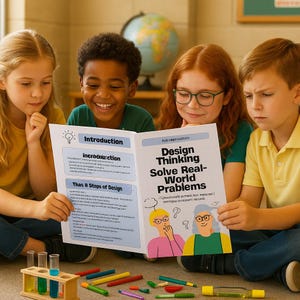 Op de afbeelding: Vier kinderen lezen samen een boek met de titel "Design Thinking Solve Real-World Problems". Het boek is open en toont tekst en illustraties. Kleurpotloden en reageerbuizen liggen verspreid rond de kinderen.