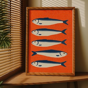 Sardine Wall Art Print, Coastal Kitchen Decor, Fish Illustration Digital Download, Blue & Orange Nautical Artwork, Wall Decorative Decore