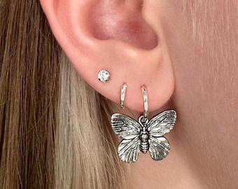 Sterling Silver Moth Hoops - pair, Hoop Earring, huggie hoop earrings, 925 Silver, moth earrings, insect earring