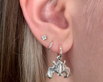 Sterling Silver Bat Hoops - pair, Hoop Earring, huggie hoop earrings, 925 Silver, bat earrings, halloween jewelry, halloween earrings