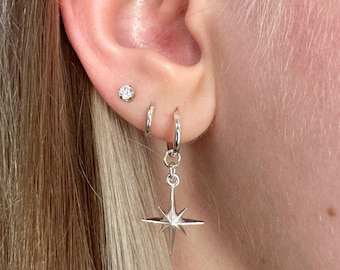 Sterling Silver Star Hoops - pair, Hoop Earring, huggie hoop earrings, 925 Silver, star earrings, celestial earrings