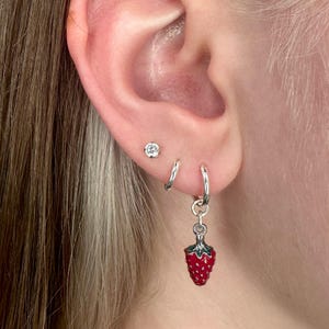Strawberry Hoops - pair, Sterling Silver Hoop Earring, huggie hoop earrings, 925 Silver, strawberry earrings, fruit earrings