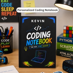 May include: A black hardcover notebook with the name KEVIN printed at the top. The cover features a white coding bracket icon, the text CODING NOTEBOOK in white, blue, and orange, and the phrase CODE TODAY. CREATE TOMORROW. with a laptop graphic.